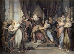 Shakespeare - Rei Lear - Rei Lear - Ato I Cena I. - Rei Lear Lançando Sua Filha Cordelia - gravura depois de Henry Fuseli