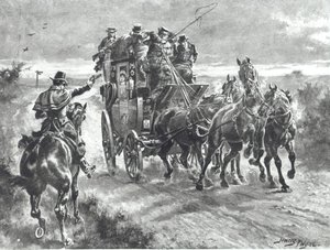 "Stand and Deliver", o homem da estrada segura a diligência no início do século XIX (litho) de Henry A. Payne