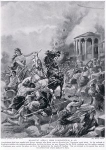 O ataque de Boadicea ao Camulodunum em 60 dC, da "História da Nação Britânica" de Hutchison, c.1920 de Henry A. Payne