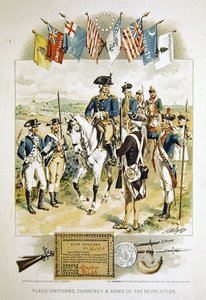 Bandeiras Americanas, Uniformes, Moeda e Armas da Revolução, ilustração da "História Padrão dos Jovens dos Estados Unidos", impressa pela Woolfall Company de Henry Alexander (after) Ogden