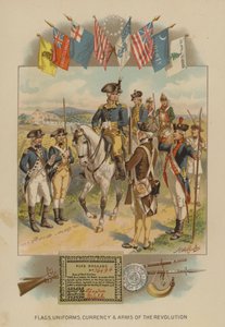 Bandeiras, uniformes, moeda e armas da Revolução Americana (chromolitho)