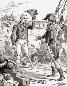 O capitão Dacres do HMS Guerriere se rende e oferece sua espada ao Capitão Hull a bordo da Constituição do USS após sua derrota durante a Guerra de 1812, de The History of Our Country, publicado em 19 de Henry Alexander Ogden