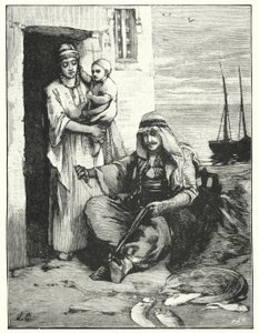 Um pescador remendando suas redes, Mar de Tiberíades (litho) de Henry Andrew Harper