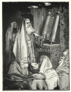 Um rabino lendo o pergaminho da lei (litho)