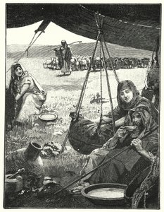Vida em barracas no Leste, agitando o leite (litho) de Henry Andrew Harper