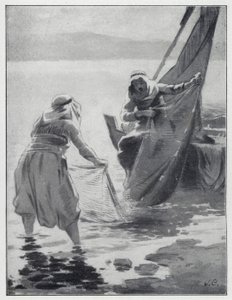 Lavagem de redes no Mar da Galileia (litho) de Henry Andrew Harper