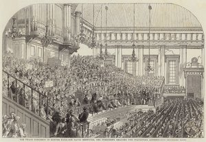 O Congresso da Paz em Exeter Hall, Sir David Brewster, o Presidente, lendo o discurso inaugural