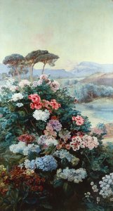 Camélias e outras Flores numa Paisagem (óleo sobre tela) de Henry Arthur Bonnefoy