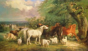 Haddon Hall com ovelhas, gado, um veado e um pônei