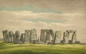 Stonehenge do N.W., mostrando ruínas com homem e cachorro, 1824-1839 de Henry Browne