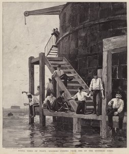 Soldados britânicos pescando de um dos fortes em Spithead, Hampshire (litho) de Henry Charles Seppings Wright