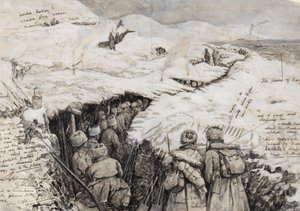 Galiza, tropas russas em colinas cobertas de neve, 13 de março de 1916 (tinta e guache sobre papel) de Henry Charles Seppings Wright