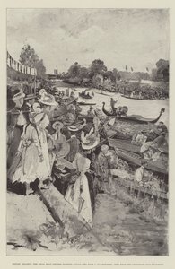 Regata de Henley, o calor final para o diamante Sculls (Ten Eyck v Blackstaffe), visto do cerco do clube de Grosvenor
