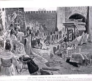 Como os Maninkins Chineses em uma parede salvam uma cidade, ilustração de &39;Hutchinsons History of the Nations&39;, c.1920 de Henry Charles Seppings Wright