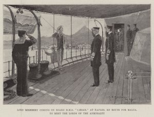 Lorde Rosebery subindo a bordo do HMS Caesar, em Nápoles, na Rota de Malta, para encontrar os Senhores do Almirantado de Henry Charles Seppings Wright