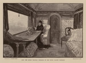 A Rainha Vitória na carruagem de comboio Royal Saloon (gravura) de Henry Charles Seppings Wright
