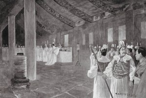 Remoção de uma tábua de um templo confucionista (litografia) de Henry Charles Seppings Wright