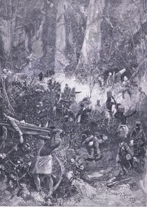 A guerra de Ashanti 1900: Uma luta na floresta, ilustração fromCassells História da Inglaterra, de 1900 de Henry Charles Seppings Wright