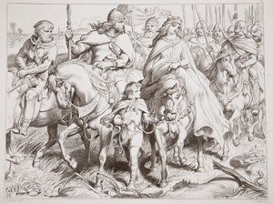 Hereward guarda Alftruda a um lugar da segurança, ilustração de Hereward o grande por Charles Kingsley, bar. 1870, gravado por CG Lewis (gravura em chapa de aço) de Henry Courtney Selous