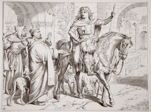 Hereward informa ao seu tio, o Prior, que ele está prestes a ser banido, ilustração de Hereward the Great, de Charles Kingsley, pub. 1870, gravado por CG Lewis (gravura em chapa de aço)