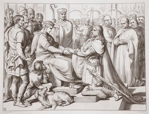 Como Hereward veio para o rei, ilustração de Hereward the Great, de Charles Kingsley, pub. 1870, gravado por CG Lewis (gravura em chapa de aço)