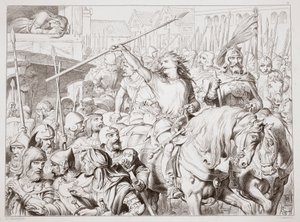 Como Hereward virou Berserker, ilustração de Hereward the Great, de Charles Kingsley, pub. 1870, gravado por CG Lewis (gravura em chapa de aço)