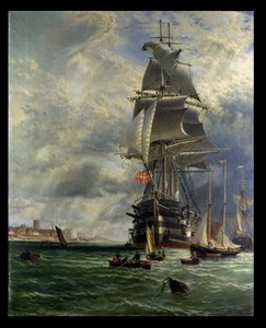 HMS St. Vincent em suas amarras fora da entrada para Haslar Creek, Portsmouth, 1868 de Henry Dawson