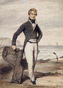 Retrato de Edward Pocock RN, pequeno comprimento total, ao lado de um barco a remo na praia na maré baixa,