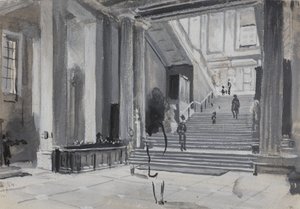 Vista interna do Museu Britânico mostrando a escadaria principal, 1884