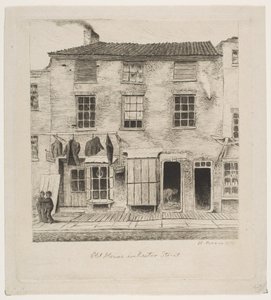 Casa velha na rua do reitor das cenas de New York velho, 1870.