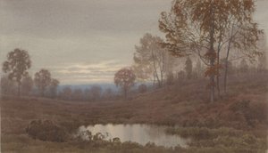 Paisagem ao pôr do sol com lagoa de Henry Farrer