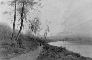 Mulher a caminhar junto a um rio de Henry Farrer