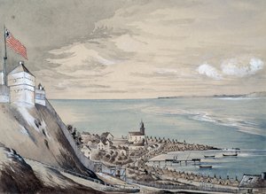 Forte e vilarejo de Mackinaw, com o acampamento indígena, setembro de 1842 (wc no papel) de Henry Francis Ainslie