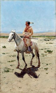 Escuteiro Cheyenne. Um índio a cavalo com uma espingarda. Pintura de Henry Francois Farny (1847-1916)
