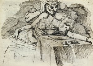 Uma mulher desmaiando em uma mesa de escrever, com uma figura ameaçadora atrás de Johann Heinrich Füssli