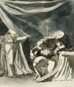 Uma velha vestindo um rosário xingando um homem sentado; Possivelmente a rainha Margaret amaldiçoando o duque de Gloucester, de Johann Heinrich Füssli