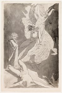 Dante desmaia diante das almas crescentes de Paolo e Francesca, Virgílio ao seu lado de Johann Heinrich Füssli
