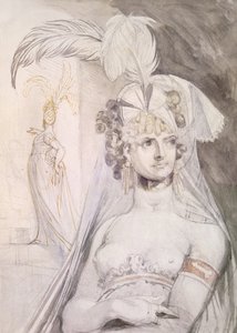 Metade da figura de uma cortesã com penas, um arco e um véu no cabelo, 1800-10 (lápis, wc e tinta no papel) de Johann Heinrich Füssli
