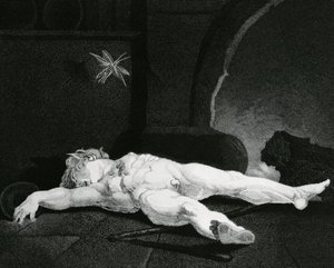 Puck Basking adormecido antes da lareira do país, gravada por Moses Haughton Jr. de Johann Heinrich Füssli