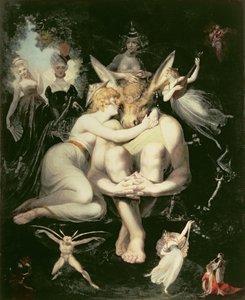 Titania acorda, cercada por fadas atendentes, agarrando-se arrebatadamente a Bottom, ainda usando a cabeça do asno, 1793-4 de Johann Heinrich Füssli