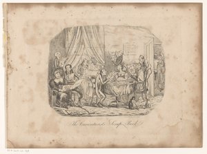 Interior com pessoas vendo revistas do livro de recortes do cartunista Página de título para: Henry Heath, o livro de recortes do cartunista, 1840