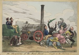 Os Prazeres da Estrada de Ferro - Travado na Ferrovia !, c.1840 (gravura colorida à mão)