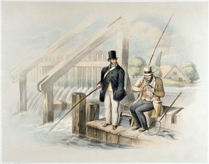 Pesca de trutas, Beddington Park, de um conjunto de seis imagens de &39;Angling&39; (litho colorido à mão)