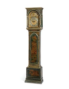 Relógio de caixa longa marcante de quarto longo azul japonês George III, York, c.1760 (madeira e metal) (ver também 615808) de Henry Hindley