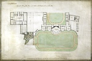 Brighthelmstone, ou Brighton Pavilion - planta geral da casa e estábulos com terreno, mostrando extensão pelo arquitecto Henry Holland (1745-1806), c.1801 (aguarela sobre papel) de Henry Holland