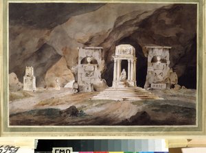 ""Um cemitério"" (Cemitério antigo) Decoração de teatro desenhada em aquarela por Henry Hudfield (século XVIII) 1790 Museu Palácio Teatro Ostankino, Moscou de Henry Hudfield