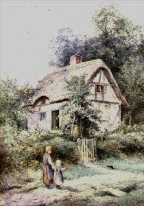 Duas meninas e um gatinho por uma casa de palha de Henry John Sylvester Stannard