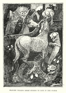 Blanche a contar histórias de fantasmas a Jane no estábulo (gravura) de Henry Justice Ford