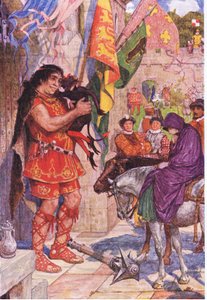 Flibbertibbet vestido como um diabo pacifica o gigante quando Wayland traz Amy ao castelo de Kenilworth, ilustração de Kenilworth, c.1910