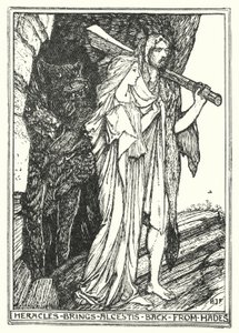 Heracles traz Alcestis de volta de Hades (litho) de Henry Justice Ford